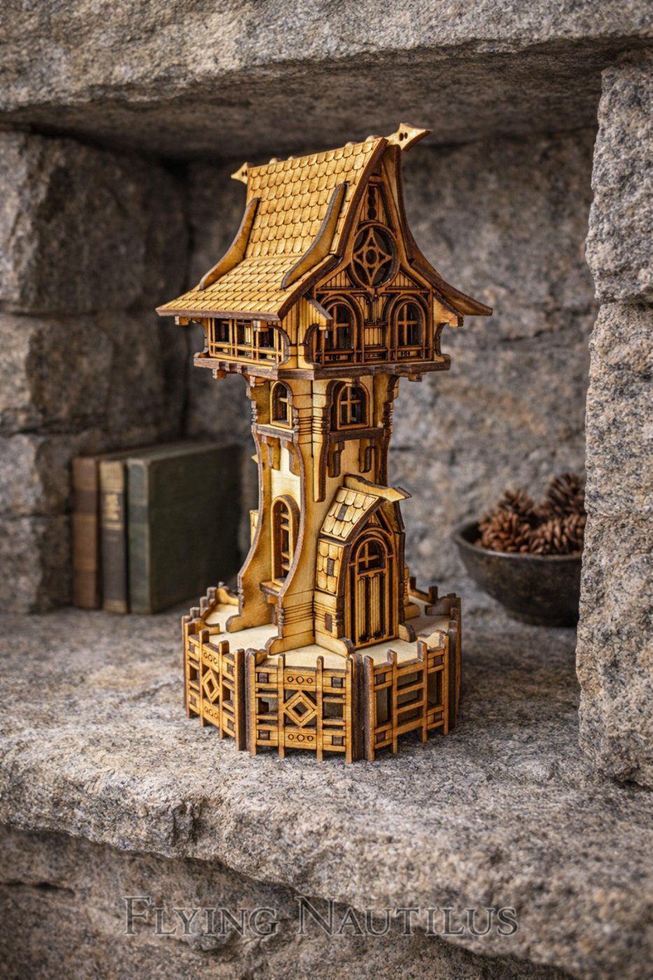 Flying Nautilus displays a dark fairy tower in a stone shelf cubby opening