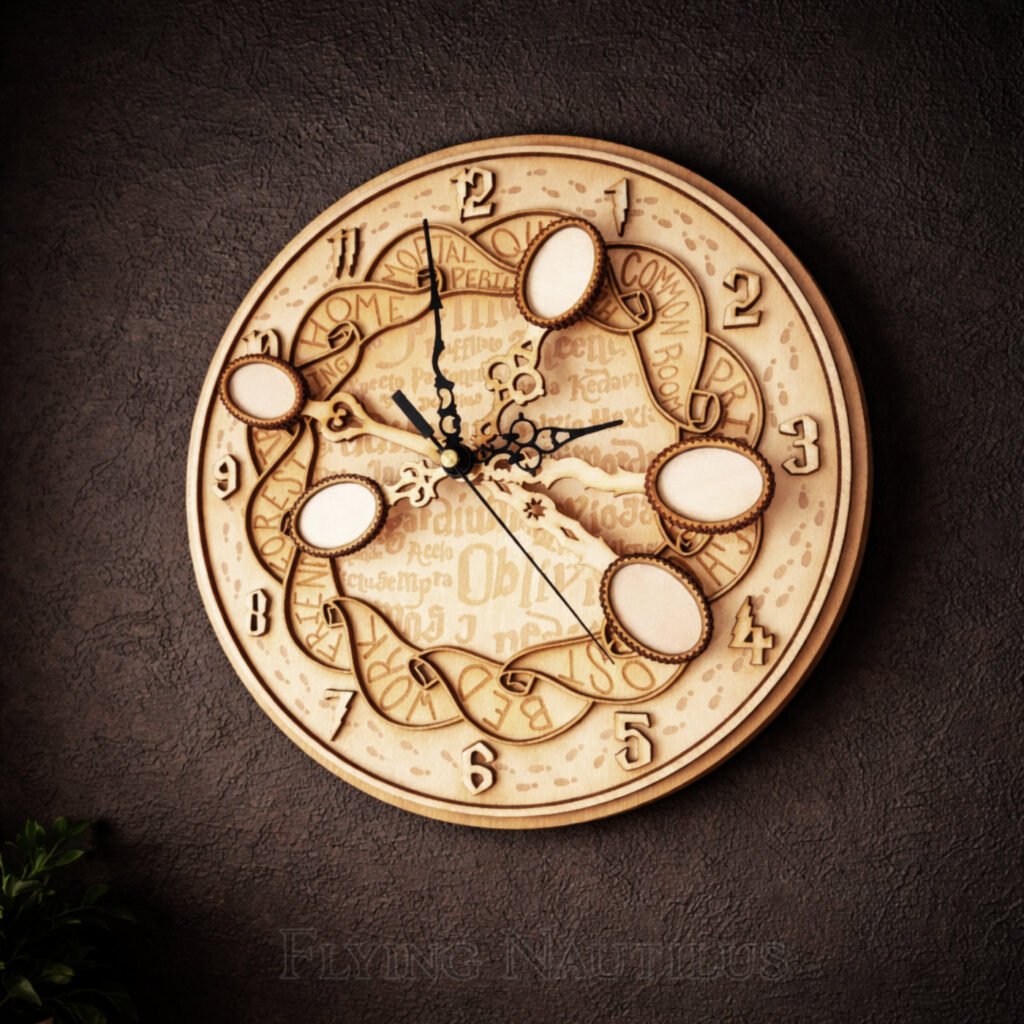 Magical wooden wall clock created by Flying Nautilus displayed on dark wall