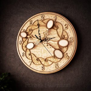 Magical wooden wall clock created by Flying Nautilus displayed on dark wall