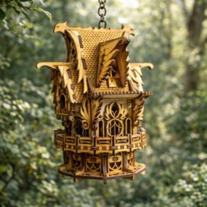 A fairy house, Woodland Wings Feathered Birdhouse created by Flying Nautilus, displayed hanging in a tree
