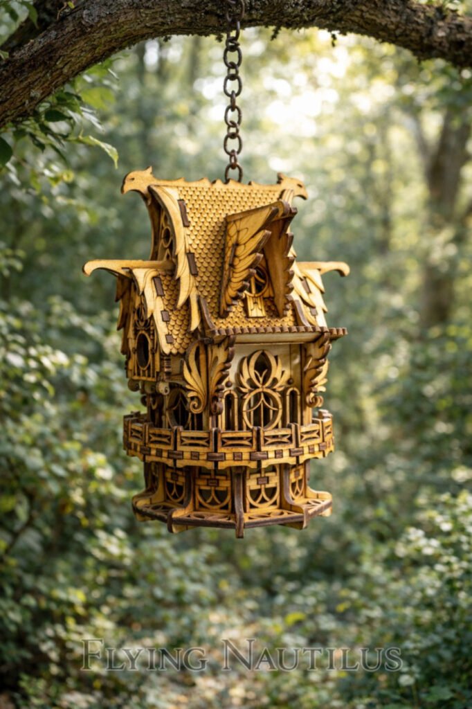 A fairy house, Woodland Wings Feathered Birdhouse created by Flying Nautilus, displayed hanging in a tree