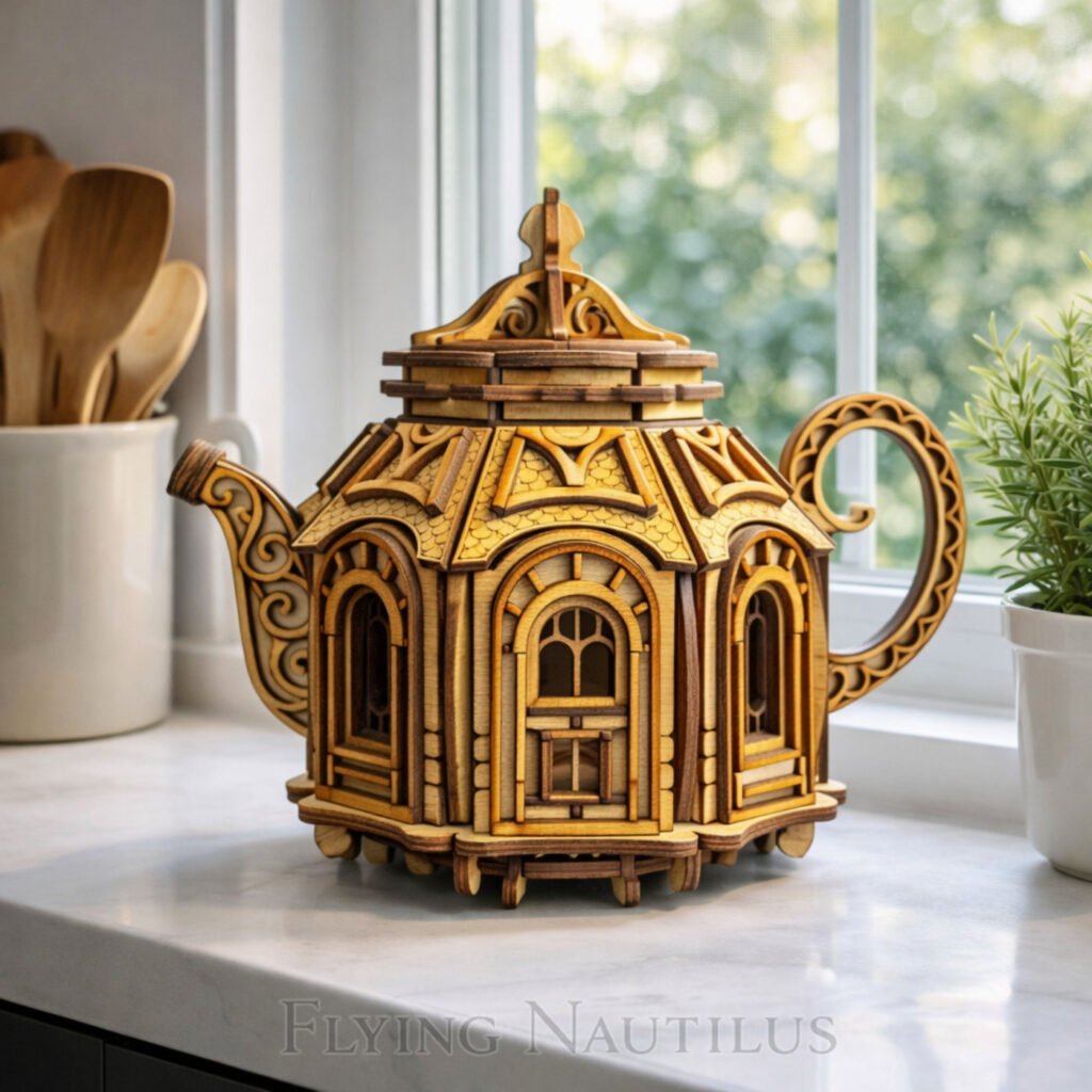 Kitchen window decor including a handcrafted teapot birdhouse by Flying Nautilus