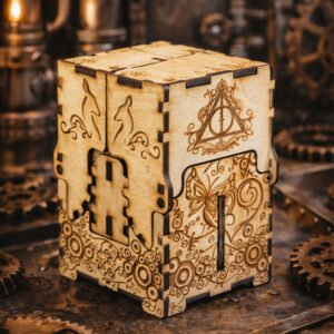 Closeup detail of handcrafted wooden mechanical keepsake box by Flying Nautilus