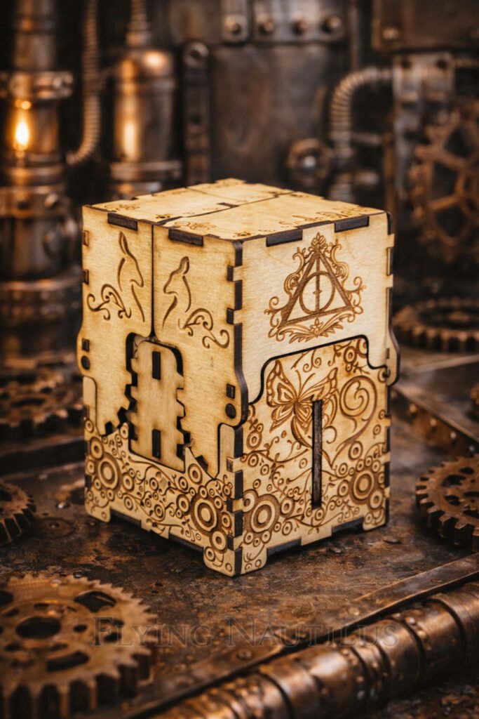 Closeup detail of handcrafted wooden mechanical keepsake box by Flying Nautilus
